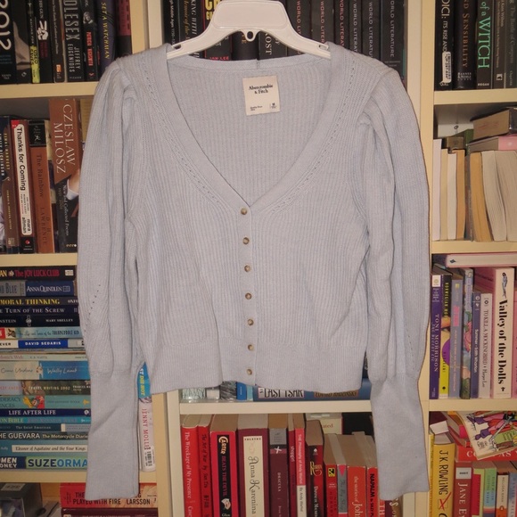 Abercrombie & Fitch Light Blue Button-Up Puff Sleeve Cardigan Sweater - Picture 8 of 13